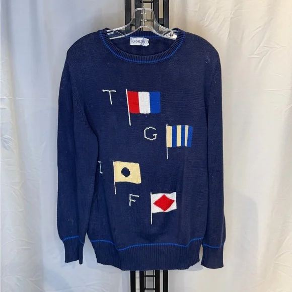Men's Blue Crewneck Sweater with Flag Design - Picture 1 of 4